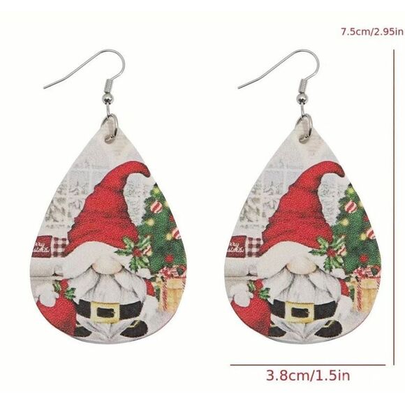 NWT Leather Santa Claus Gnome Christmas Teardrop Dangle Hook Earrings - Picture 2 of 3